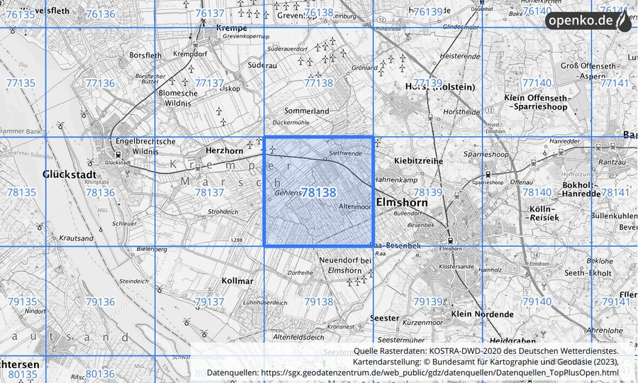 Übersichtskarte des KOSTRA-DWD-2020-Rasterfeldes Nr. 78138