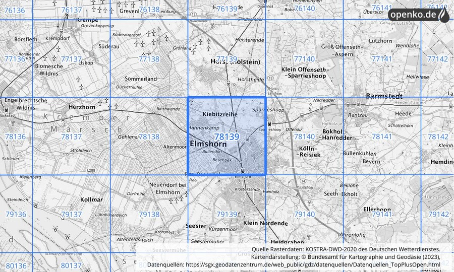 Übersichtskarte des KOSTRA-DWD-2020-Rasterfeldes Nr. 78139