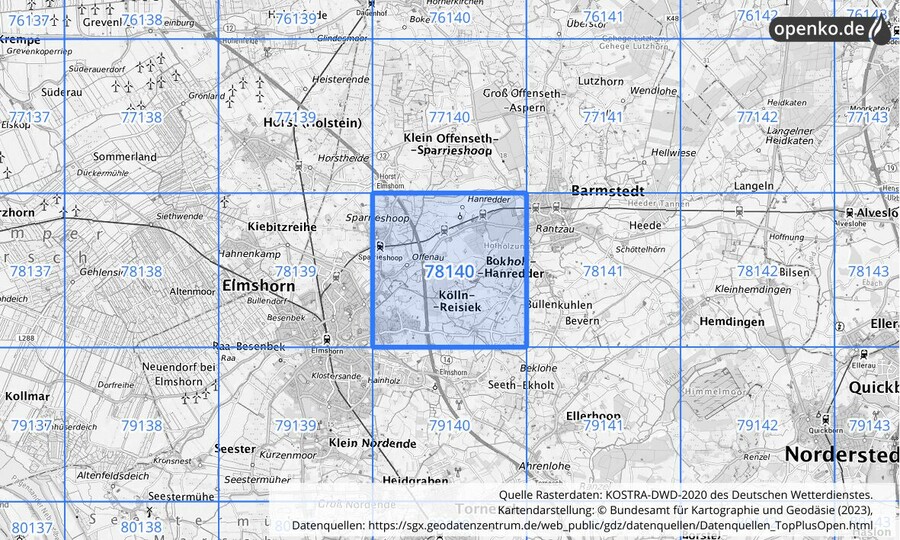 Übersichtskarte des KOSTRA-DWD-2020-Rasterfeldes Nr. 78140