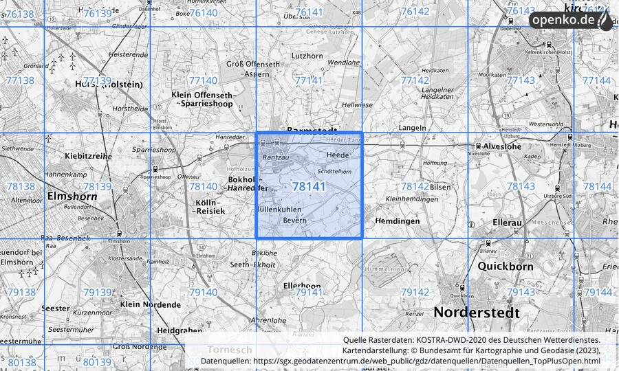 Übersichtskarte des KOSTRA-DWD-2020-Rasterfeldes Nr. 78141