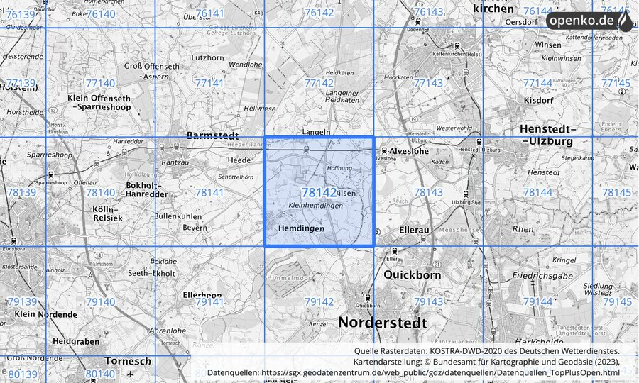 Übersichtskarte des KOSTRA-DWD-2020-Rasterfeldes Nr. 78142