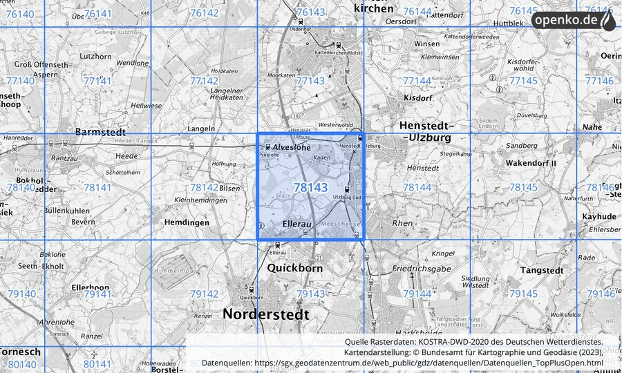 Übersichtskarte des KOSTRA-DWD-2020-Rasterfeldes Nr. 78143