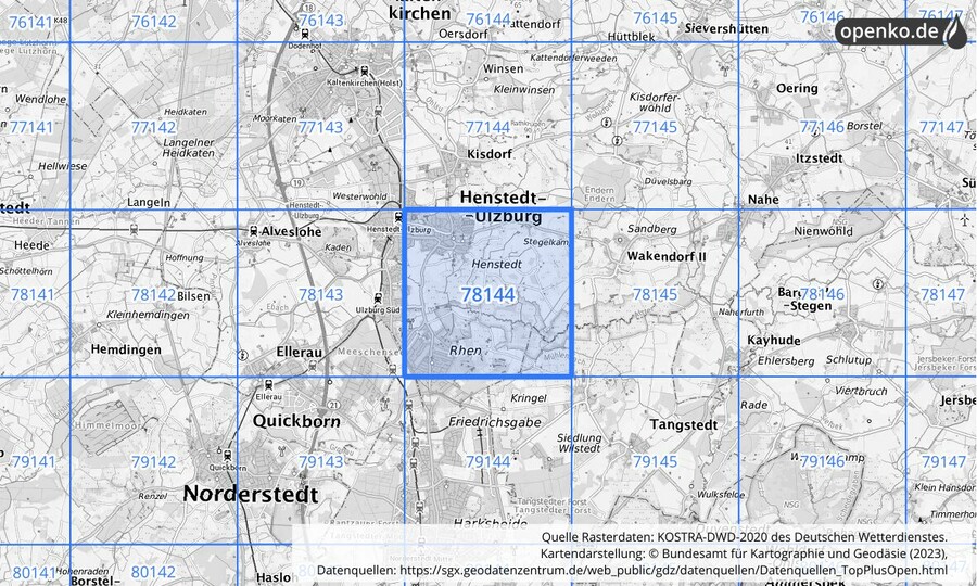 Übersichtskarte des KOSTRA-DWD-2020-Rasterfeldes Nr. 78144