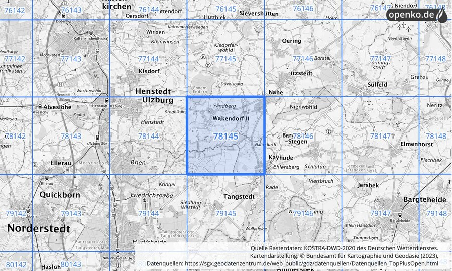 Übersichtskarte des KOSTRA-DWD-2020-Rasterfeldes Nr. 78145