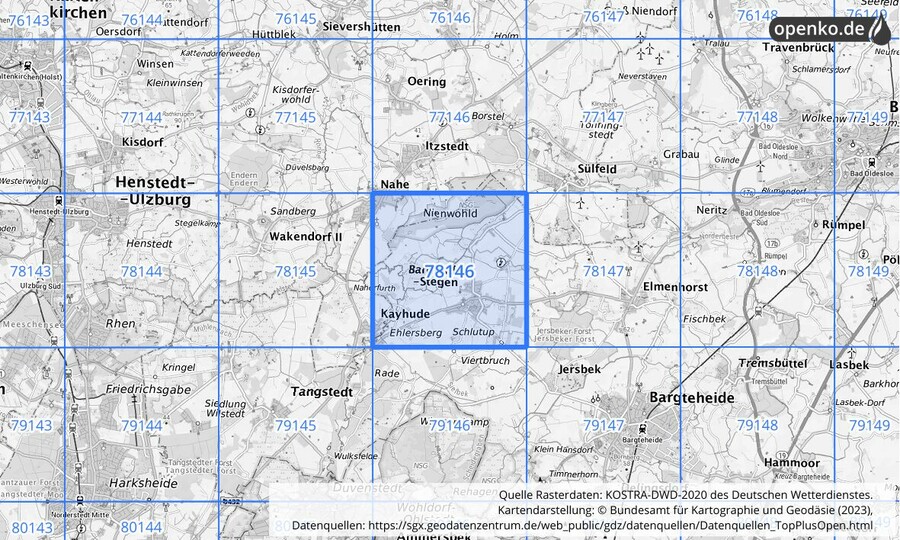 Übersichtskarte des KOSTRA-DWD-2020-Rasterfeldes Nr. 78146