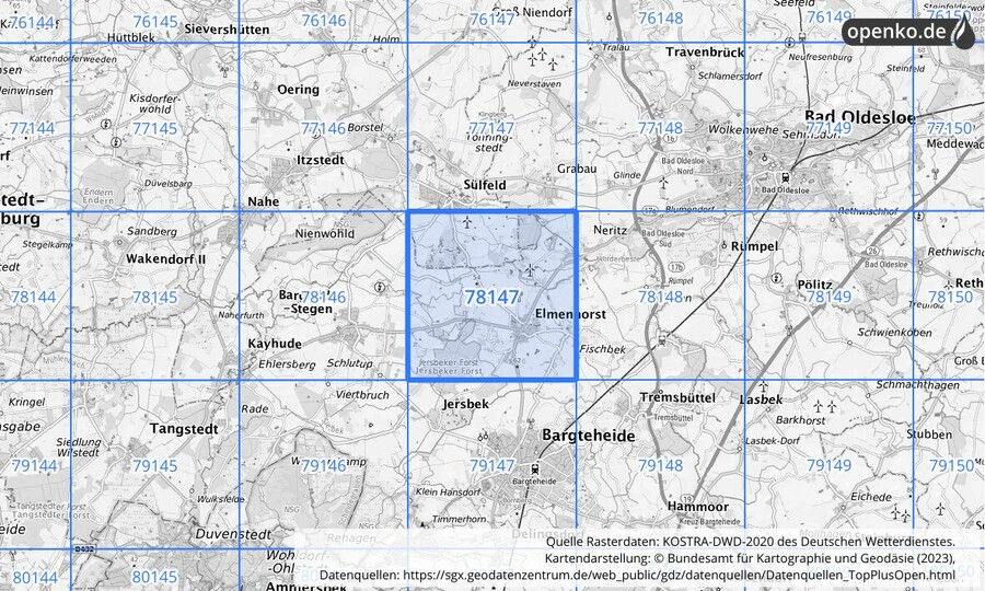 Übersichtskarte des KOSTRA-DWD-2020-Rasterfeldes Nr. 78147