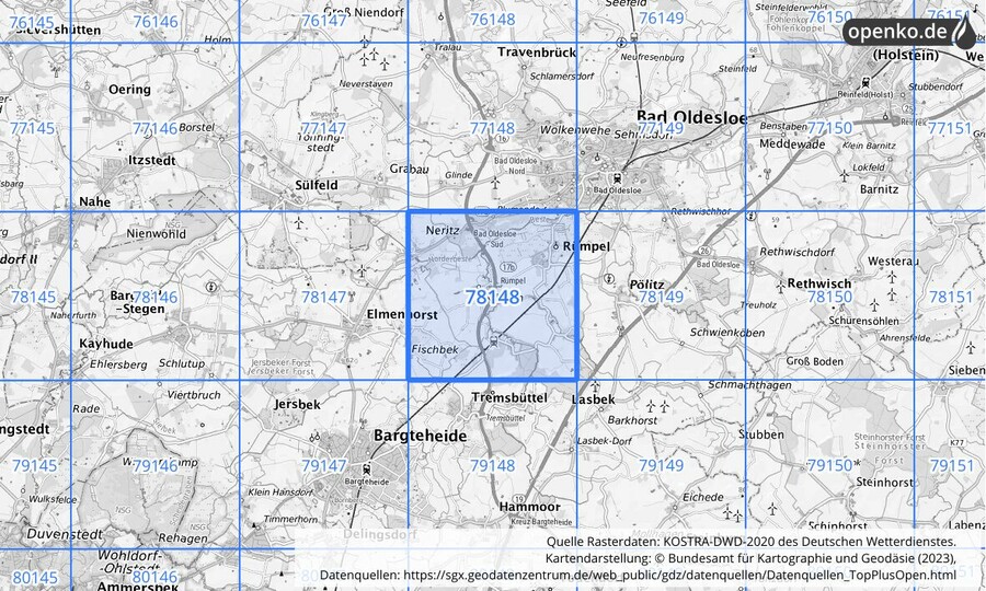 Übersichtskarte des KOSTRA-DWD-2020-Rasterfeldes Nr. 78148