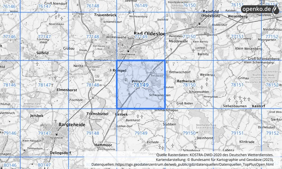 Übersichtskarte des KOSTRA-DWD-2020-Rasterfeldes Nr. 78149