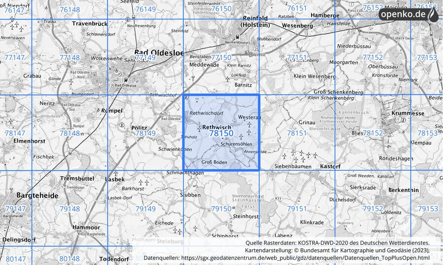 Übersichtskarte des KOSTRA-DWD-2020-Rasterfeldes Nr. 78150
