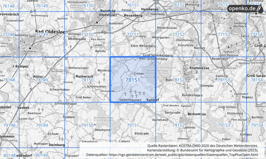 Übersichtskarte des KOSTRA-DWD-2020-Rasterfeldes Nr. 78151