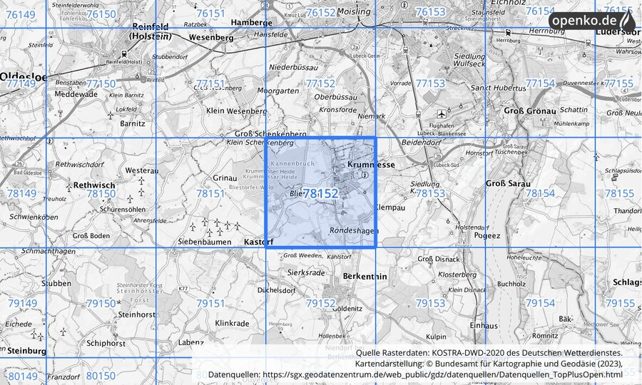 Übersichtskarte des KOSTRA-DWD-2020-Rasterfeldes Nr. 78152