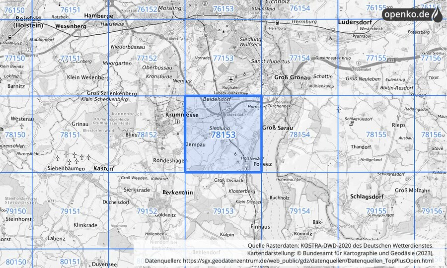 Übersichtskarte des KOSTRA-DWD-2020-Rasterfeldes Nr. 78153