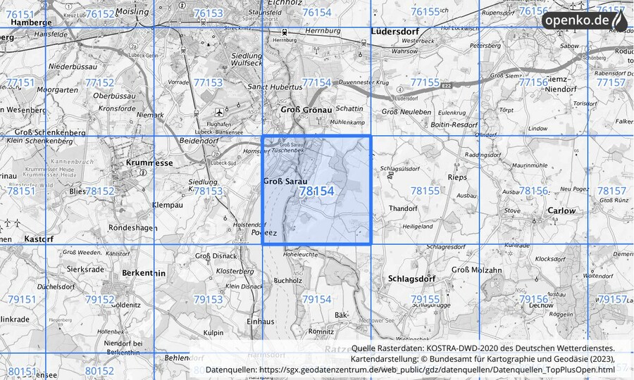 Übersichtskarte des KOSTRA-DWD-2020-Rasterfeldes Nr. 78154