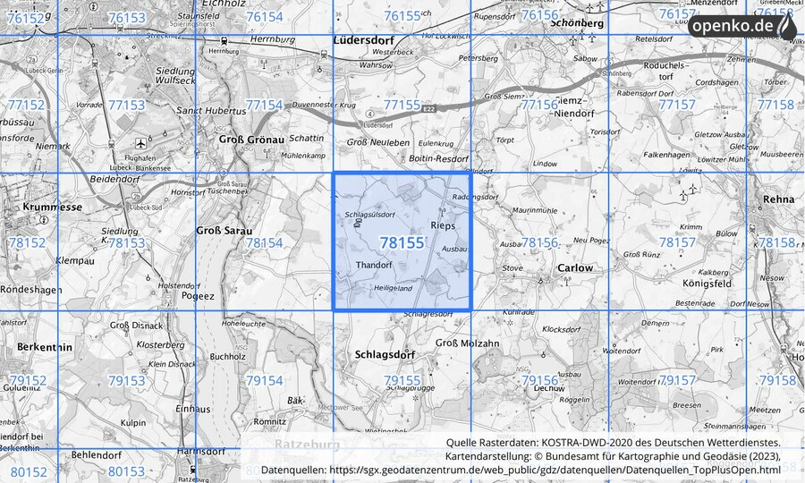Übersichtskarte des KOSTRA-DWD-2020-Rasterfeldes Nr. 78155