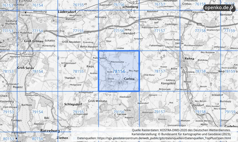 Übersichtskarte des KOSTRA-DWD-2020-Rasterfeldes Nr. 78156