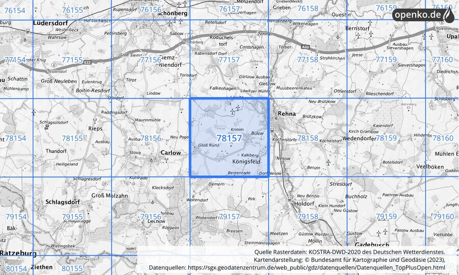 Übersichtskarte des KOSTRA-DWD-2020-Rasterfeldes Nr. 78157