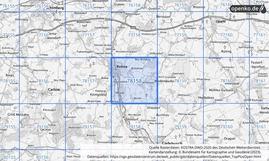 Übersichtskarte des KOSTRA-DWD-2020-Rasterfeldes Nr. 78158