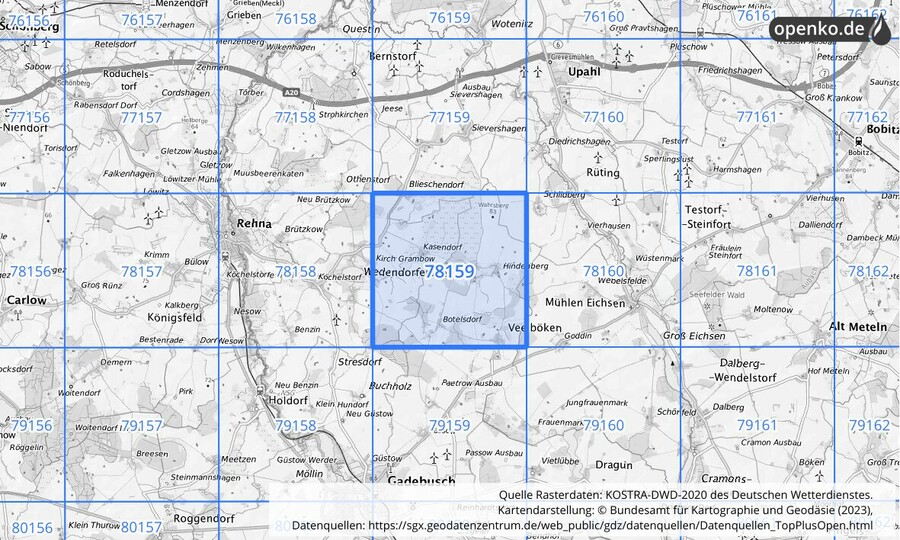 Übersichtskarte des KOSTRA-DWD-2020-Rasterfeldes Nr. 78159