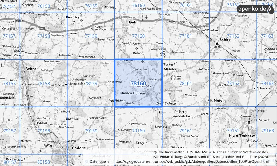 Übersichtskarte des KOSTRA-DWD-2020-Rasterfeldes Nr. 78160