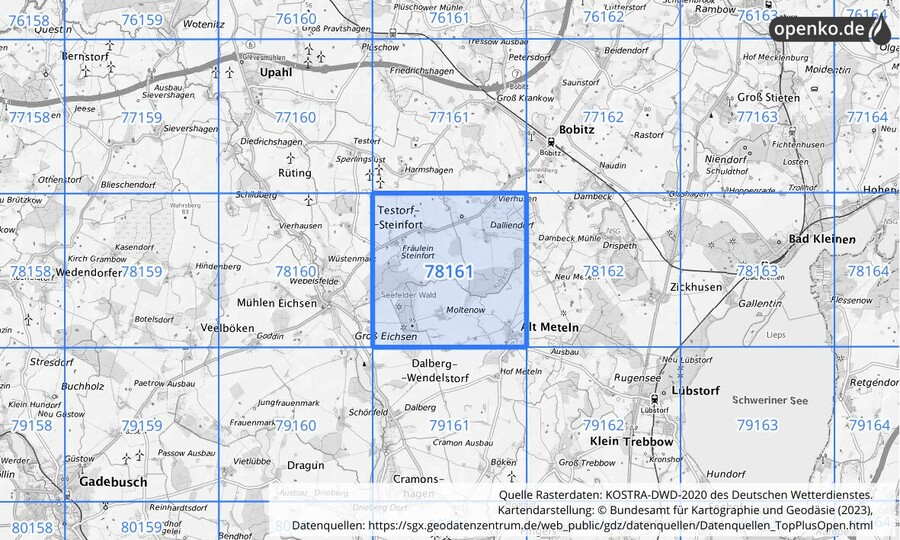 Übersichtskarte des KOSTRA-DWD-2020-Rasterfeldes Nr. 78161