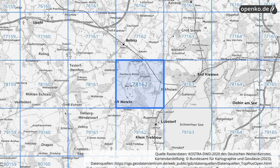 Übersichtskarte des KOSTRA-DWD-2020-Rasterfeldes Nr. 78162