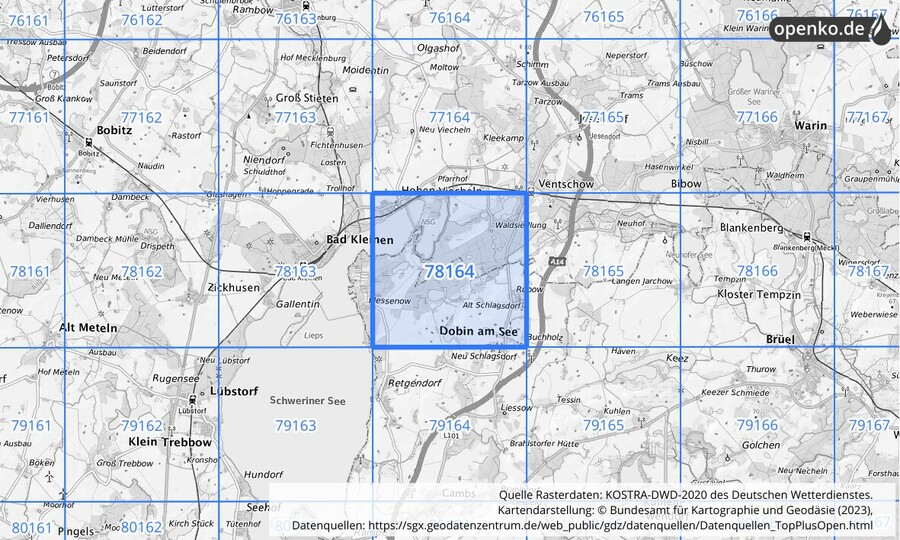Übersichtskarte des KOSTRA-DWD-2020-Rasterfeldes Nr. 78164