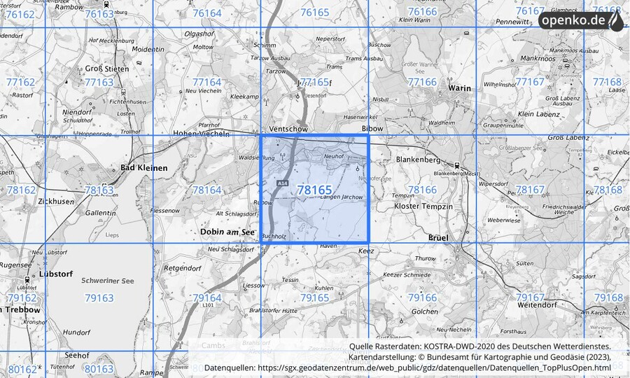 Übersichtskarte des KOSTRA-DWD-2020-Rasterfeldes Nr. 78165