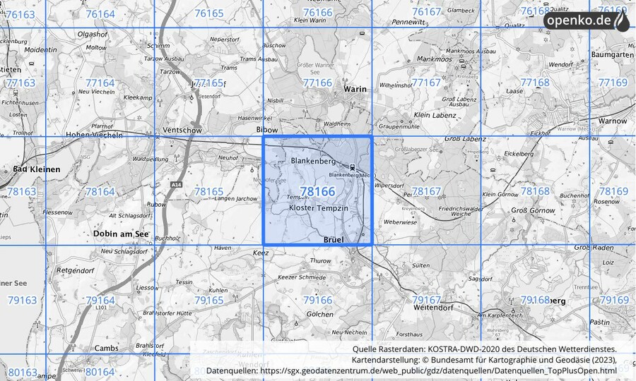 Übersichtskarte des KOSTRA-DWD-2020-Rasterfeldes Nr. 78166