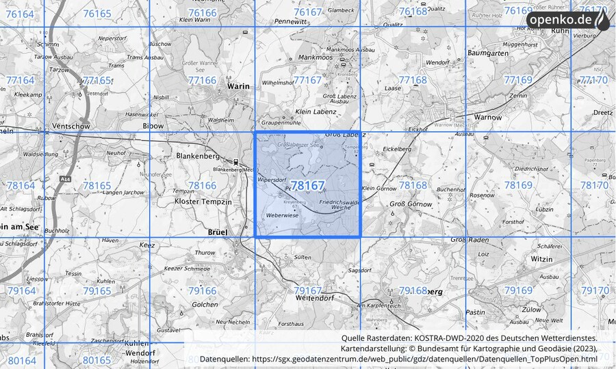 Übersichtskarte des KOSTRA-DWD-2020-Rasterfeldes Nr. 78167