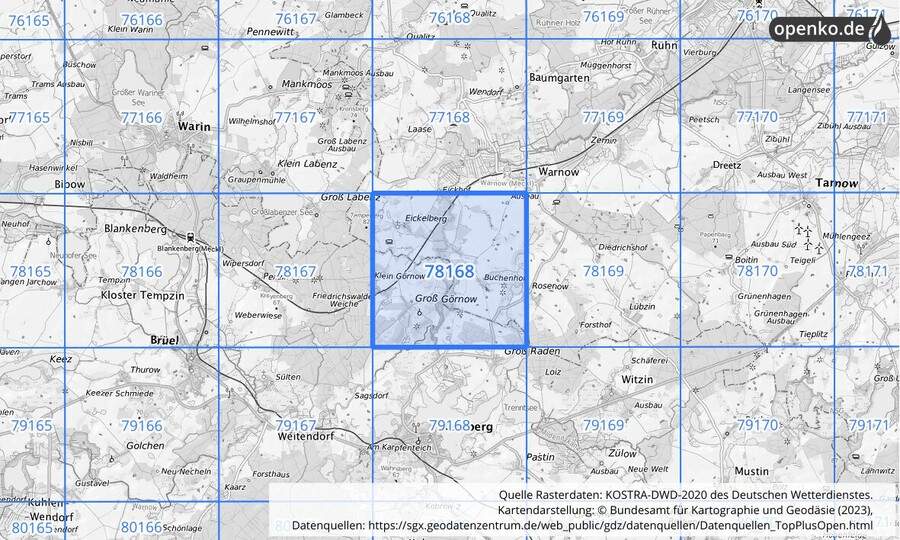 Übersichtskarte des KOSTRA-DWD-2020-Rasterfeldes Nr. 78168