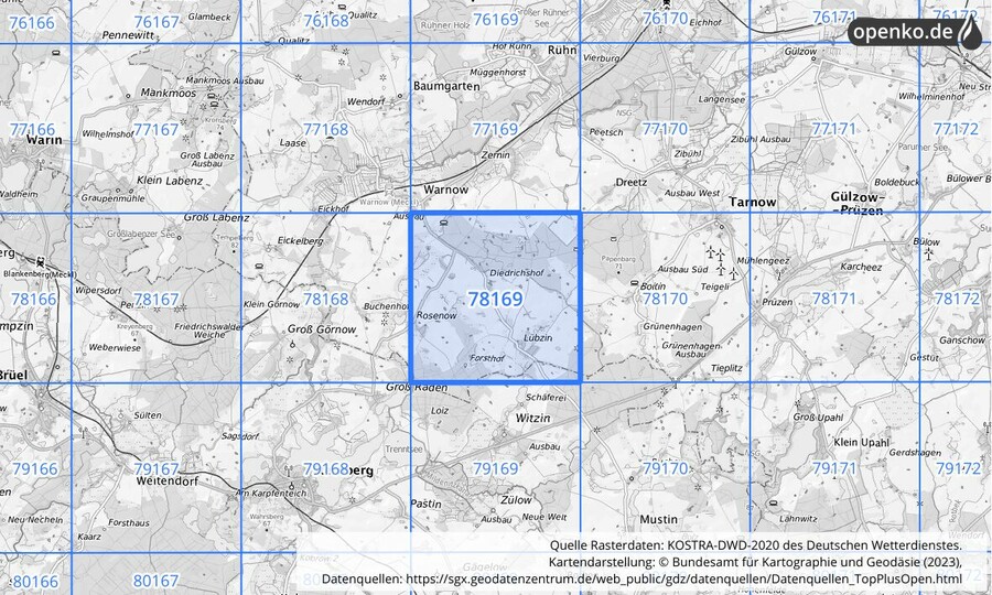 Übersichtskarte des KOSTRA-DWD-2020-Rasterfeldes Nr. 78169