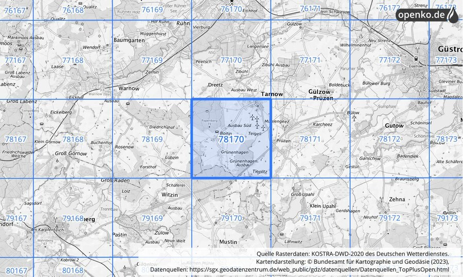 Übersichtskarte des KOSTRA-DWD-2020-Rasterfeldes Nr. 78170