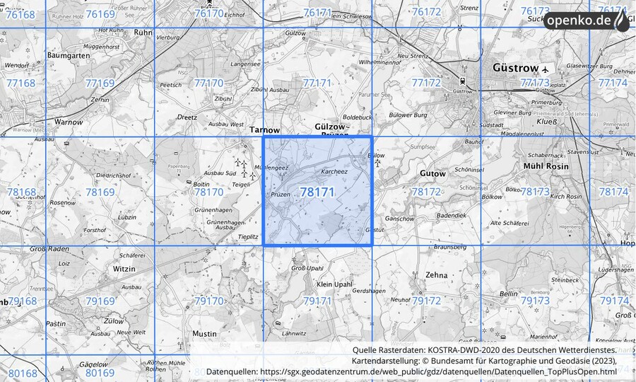 Übersichtskarte des KOSTRA-DWD-2020-Rasterfeldes Nr. 78171