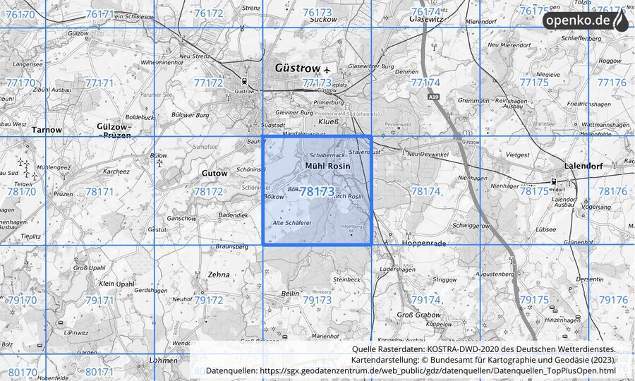 Übersichtskarte des KOSTRA-DWD-2020-Rasterfeldes Nr. 78173