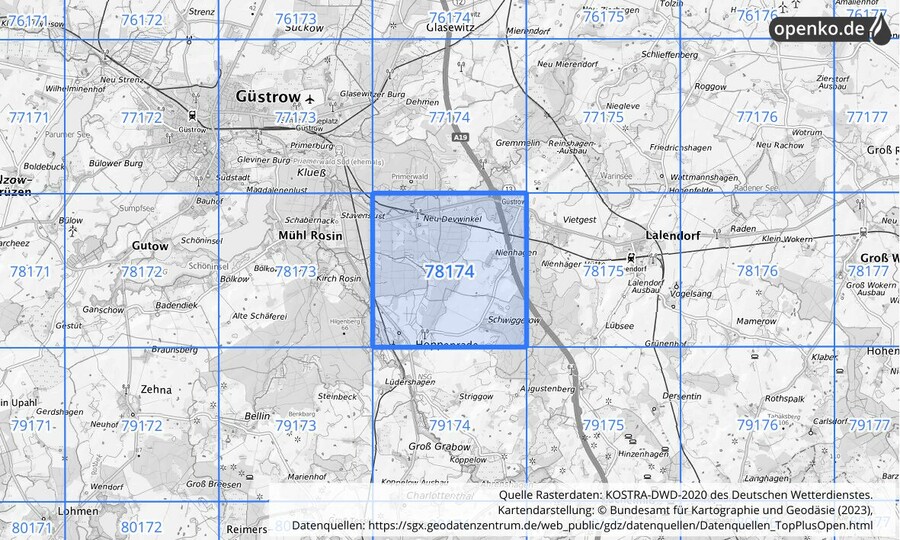 Übersichtskarte des KOSTRA-DWD-2020-Rasterfeldes Nr. 78174