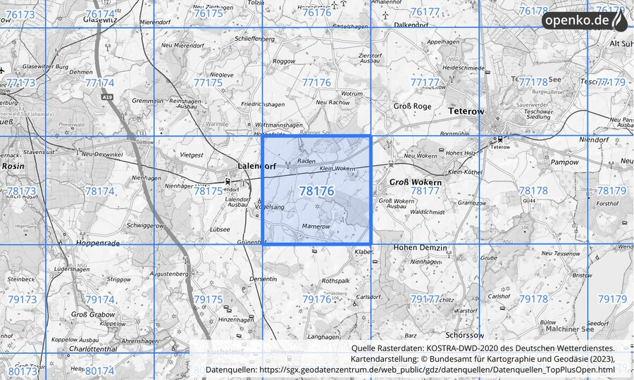 Übersichtskarte des KOSTRA-DWD-2020-Rasterfeldes Nr. 78176