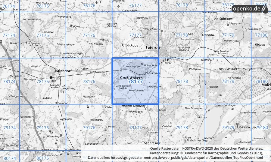Übersichtskarte des KOSTRA-DWD-2020-Rasterfeldes Nr. 78177
