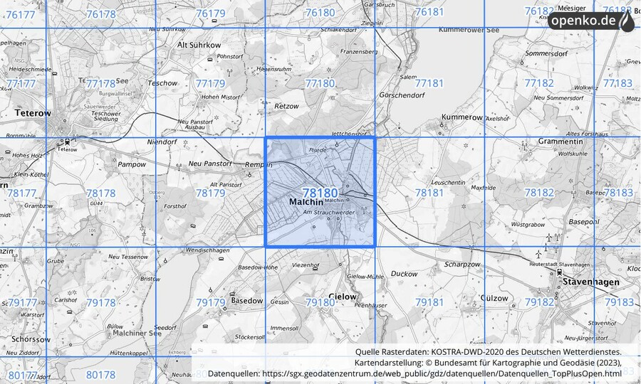Übersichtskarte des KOSTRA-DWD-2020-Rasterfeldes Nr. 78180