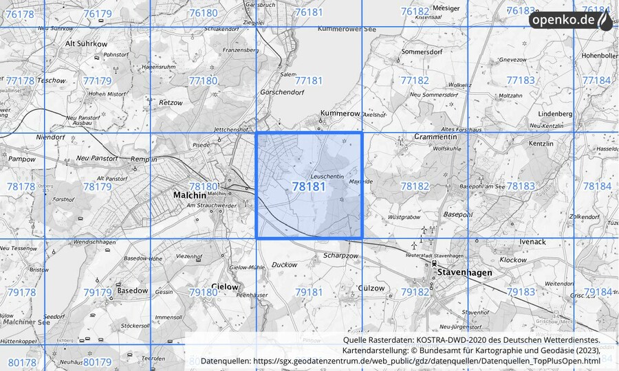 Übersichtskarte des KOSTRA-DWD-2020-Rasterfeldes Nr. 78181