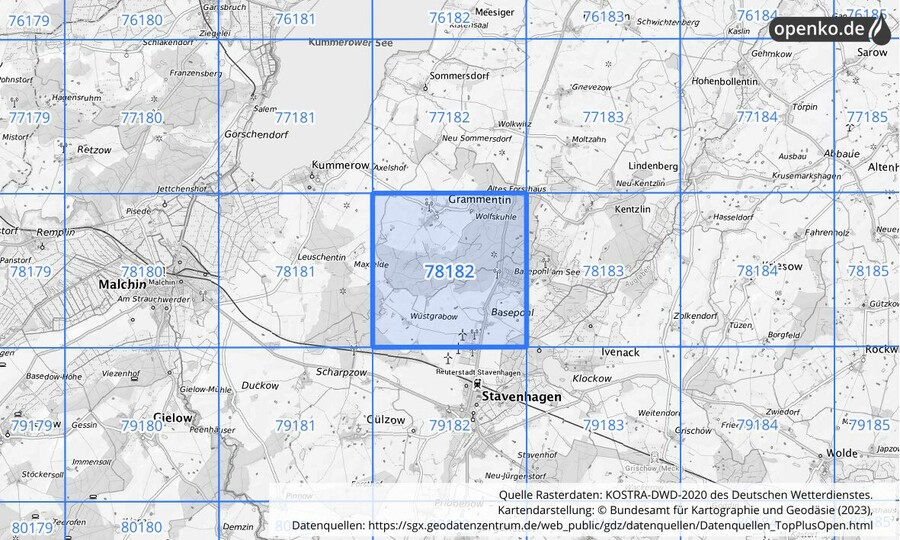 Übersichtskarte des KOSTRA-DWD-2020-Rasterfeldes Nr. 78182