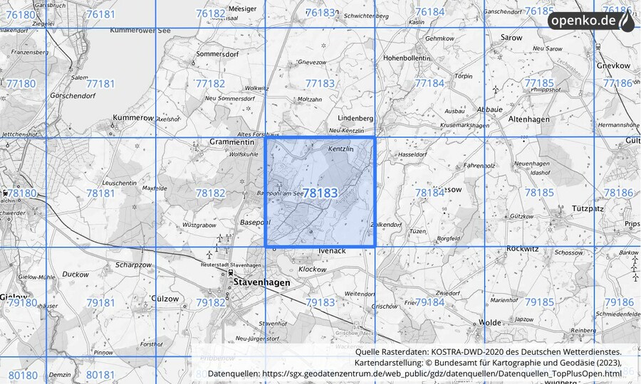 Übersichtskarte des KOSTRA-DWD-2020-Rasterfeldes Nr. 78183