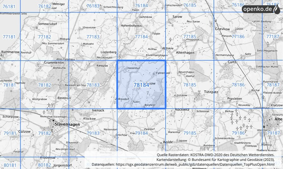 Übersichtskarte des KOSTRA-DWD-2020-Rasterfeldes Nr. 78184