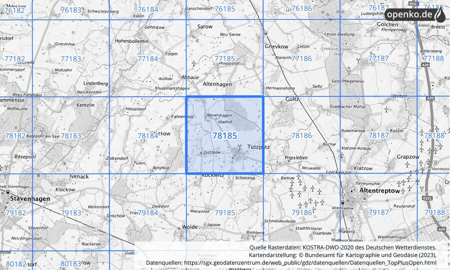Übersichtskarte des KOSTRA-DWD-2020-Rasterfeldes Nr. 78185