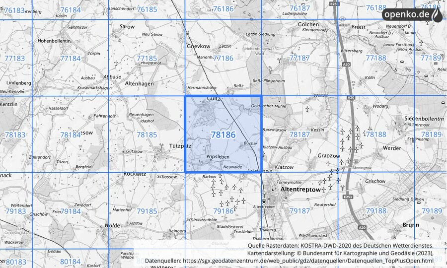 Übersichtskarte des KOSTRA-DWD-2020-Rasterfeldes Nr. 78186