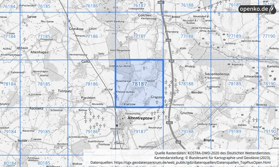 Übersichtskarte des KOSTRA-DWD-2020-Rasterfeldes Nr. 78187