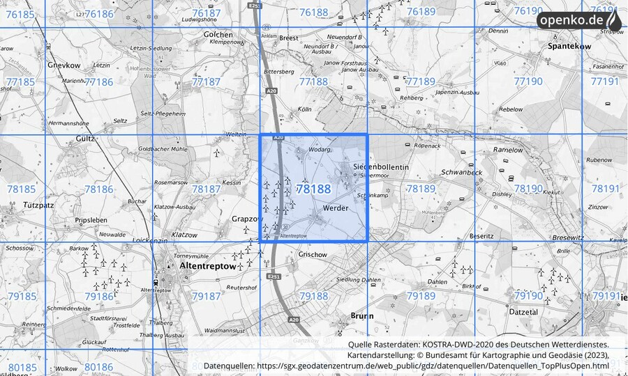 Übersichtskarte des KOSTRA-DWD-2020-Rasterfeldes Nr. 78188