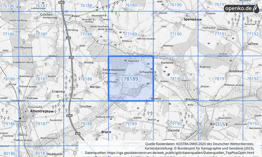 Übersichtskarte des KOSTRA-DWD-2020-Rasterfeldes Nr. 78189