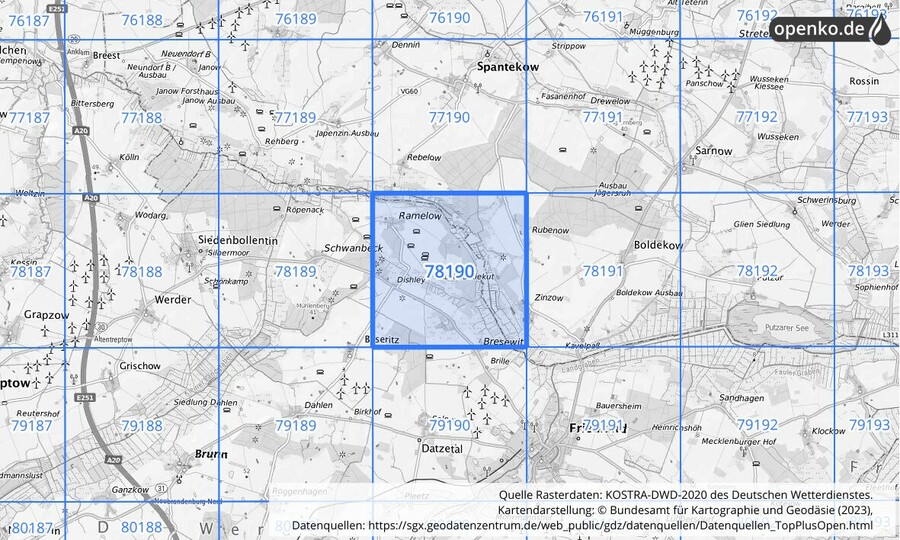 Übersichtskarte des KOSTRA-DWD-2020-Rasterfeldes Nr. 78190