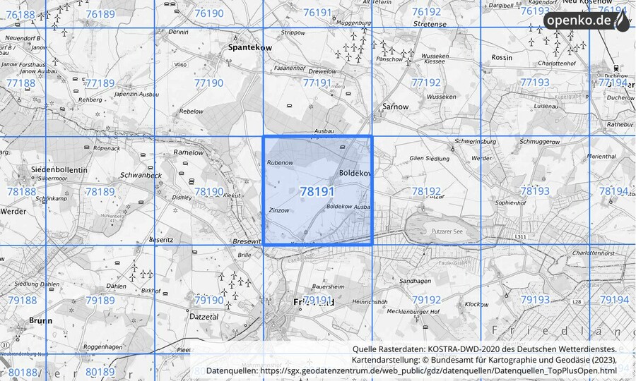 Übersichtskarte des KOSTRA-DWD-2020-Rasterfeldes Nr. 78191