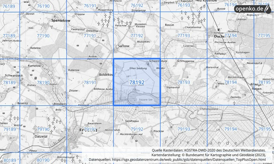 Übersichtskarte des KOSTRA-DWD-2020-Rasterfeldes Nr. 78192